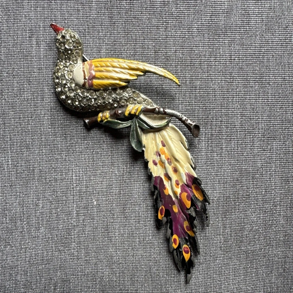 VTG Large Bird Perched Colorful Enamel‎ Pot Metal Rhinestone 1930-1940 Brooch